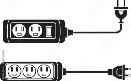 Two electrical power strip silhouettes with plugs and outlets silhouette