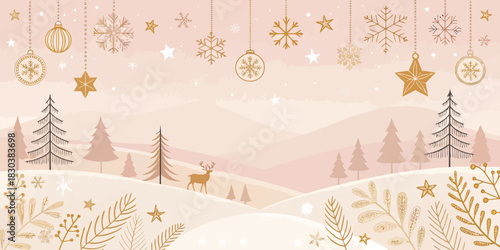 Christmas illustration of a winter landscape with christmas decorations and a deer in the snow