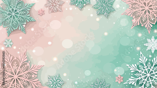 Christmas a pastel winter wonderland with snowflakes and bokeh lights in pink and turquoise hues