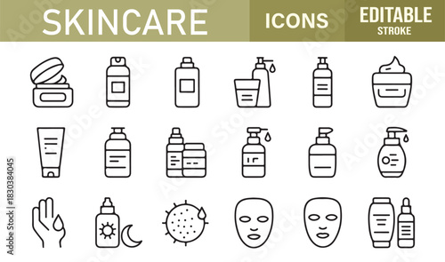 Modern Outline Skincare Icon Pack Showing Lotions, Droppers, Sunscreen, Sprays, Moisturizers, Oils, and Cosmetic Treatment Items