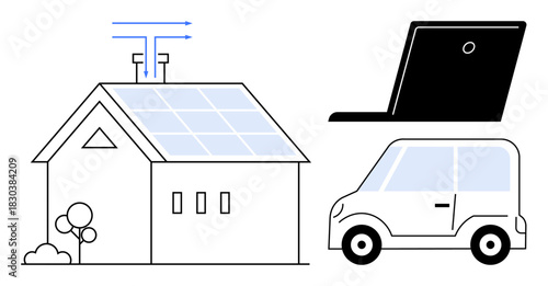 Solar-powered house with rooftop panels beside a laptop and electric car, visually representing sustainability, renewable energy, innovation, smart technology, eco-conscious living, modern lifestyle