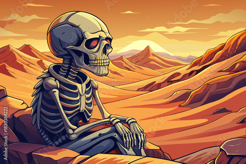 lonely skeleton sits on a warm sunlit desert rock surrounded by golden sand dunes and a vast quiet horizon under clear sky