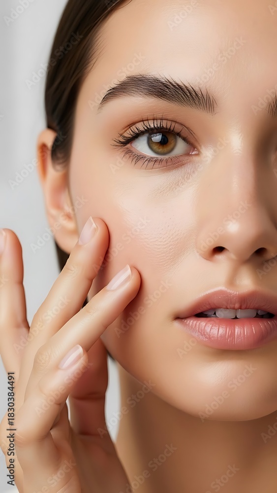 Obraz premium Woman Applying Skincare Product to Face for Radiant Complexion.