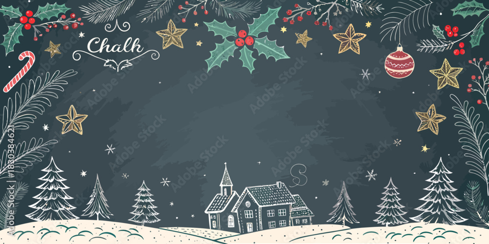 Fototapeta premium Christmas chalkboard christmas scene with winter foliage and a village drawn in white chalk style