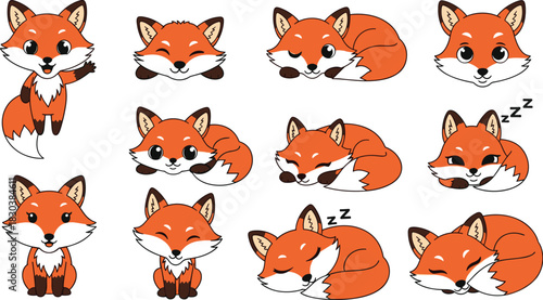 Collection of adorable cartoon fox characters in various poses isolated on white background set of cute fox cubs expressing different emotions and actions