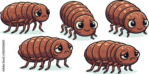 Group of cute cartoon woodlice isolated on white background adorable pill bugs with sad and happy expressions funny isopod insects vector illustration