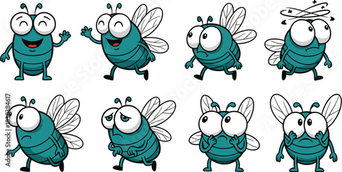 A set of cartoon fly characters with different emotions isolated on white background happy, sad, confused, and dizzy flies in a vector illustration
