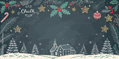 Christmas chalkboard christmas scene with winter foliage and a village drawn in white chalk style