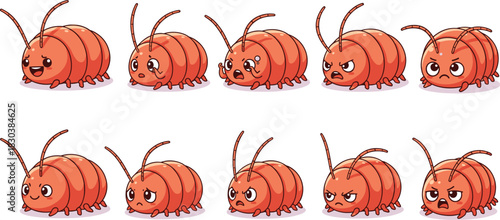 Set of cute cartoon pill bug with different emotions isolated on white background funny insect character with various facial expressions vector illustration