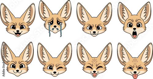 Set of cartoon fennec fox with different facial expressions isolated on white background vector illustration of cute animal with various emotions