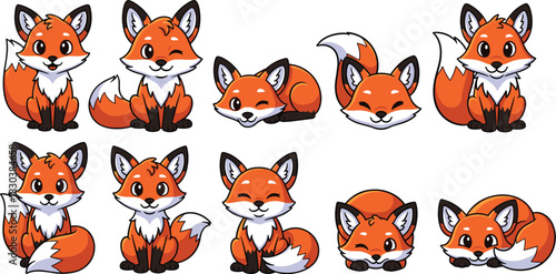 Adorable cartoon fox collection isolated on white background set of cute foxes in different poses vector illustration of funny forest animal characters
