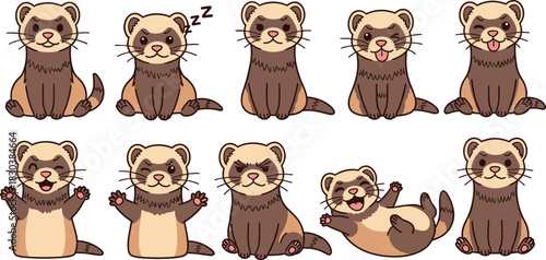Collection of adorable ferret illustrations isolated on white background, showcasing various poses and expressions in a charming cartoon style