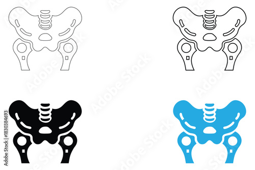 human pelvic bone icon vector set, pelvis icon, hip joint vector, silhouette and line art