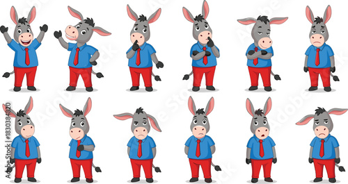 Cartoon donkey character with various poses isolated on white background cute animal in shirt and pants showing different emotions and actions, perfect for animation