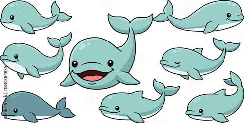 A delightful collection of cartoon dolphins, each with its own unique pose and expression, isolated on white background perfect for childrens books