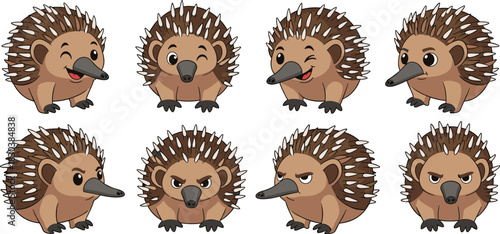 Collection of cute echidna cartoon characters with different expressions isolated on white background happy, sad, angry, and funny echidna vector illustration