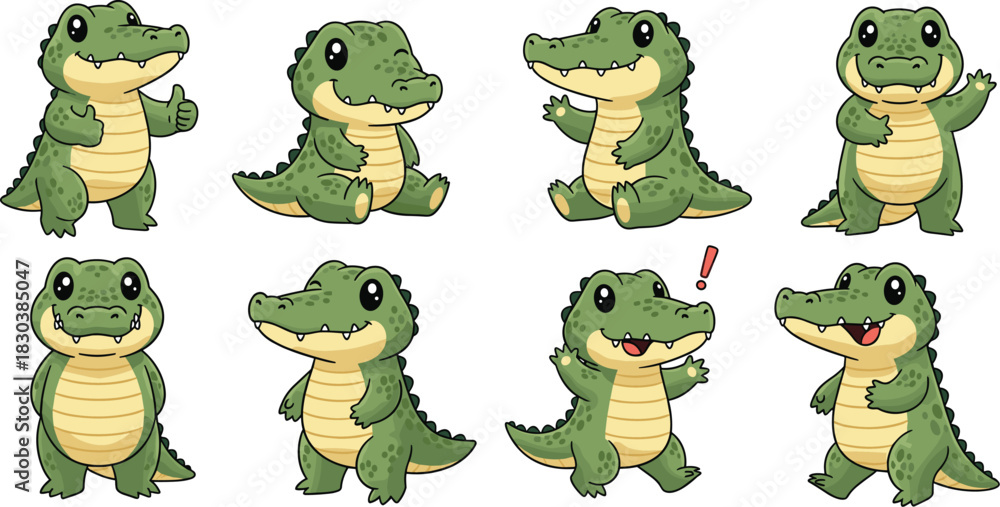 Naklejka premium Set of adorable cartoon alligator characters isolated on white background cute reptile mascot in various poses vector illustration for kids design