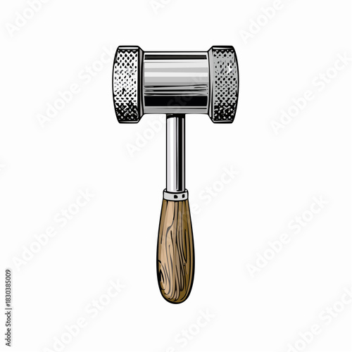 Hand-drawn illustration of a durable stainless steel meat tenderizer mallet with a wooden handle, a versatile kitchen tool perfect for softening meats and poultry