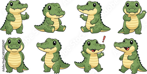 Set of adorable cartoon alligator characters isolated on white background cute reptile mascot in various poses vector illustration for kids design