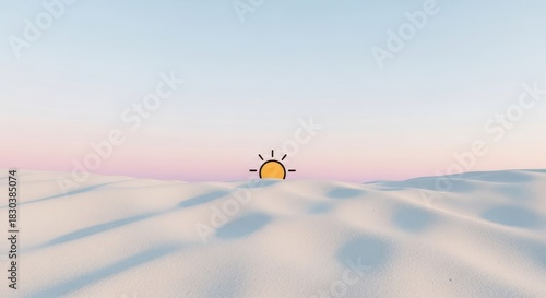 Fototapeta Naklejka Na Ścianę i Meble -  A sun with rays and a yellow circle in a desert landscape with sand dunes and a pink sky.