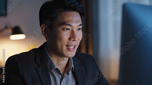Smiling asian man working on computer at home office. Male employee focused on remote work at night.