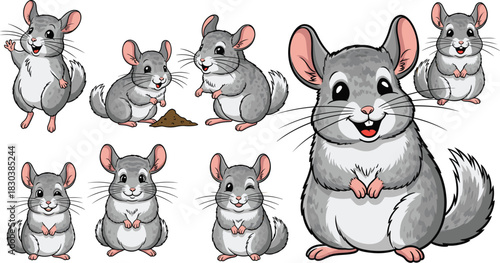 A delightful collection of cartoon chinchillas, each showcasing unique poses and expressions, isolated on white background perfect for adding charm to any project