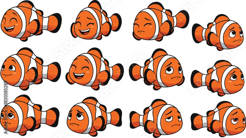 Collection of cartoon clownfish expressing various emotions, including happiness, sadness, and confusion isolated on white background