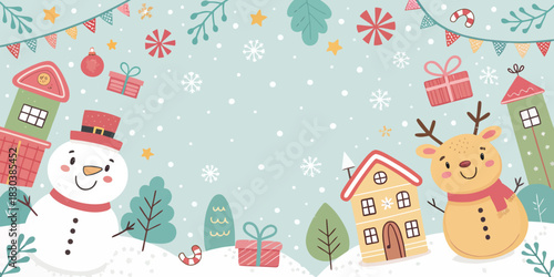 A whimsical children’s Christmas vector background with playful holiday elements, bright colors, and a fun festive vibe in a clean style.