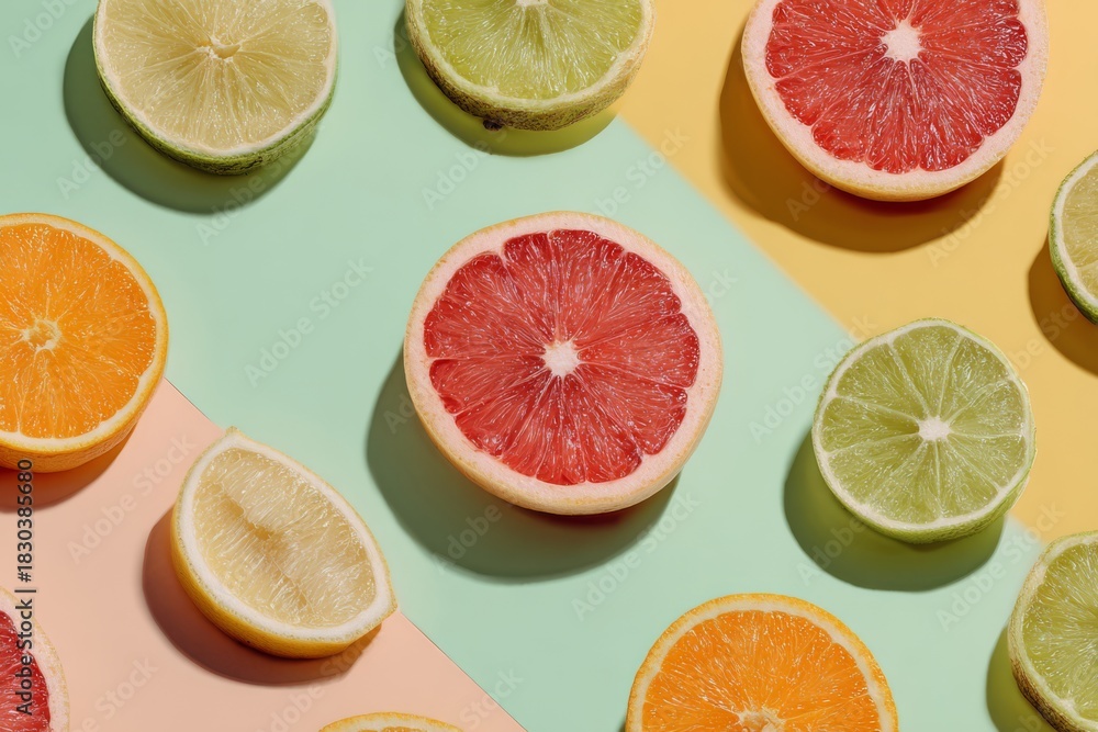 Fototapeta premium Vivid citrus slices arranged geometrically on a pastel background with strong shadows.