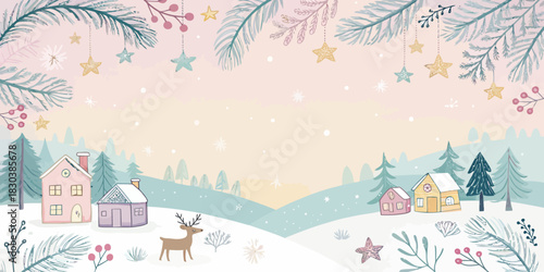 A whimsical pastel Christmas background with soft colors, playful elements, and a cozy festive feel in a clean vector style.