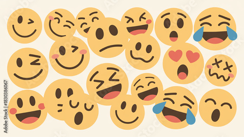 Set of diverse emoji icons expressive faces in flat vector design perfect for social media and digital communication