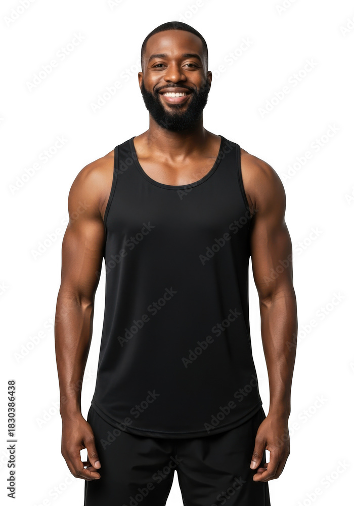 Fototapeta premium A muscular black man with a beard and a broad smile wearing a black tank top and shorts standing confidently isolated on transparent background