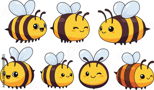 A delightful collection of charming cartoon bees, each with unique expressions and striped bodies, isolated on white background, perfect for adding a touch of whimsy