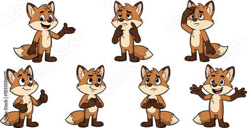 A charming cartoon fox collection showcasing a range of emotions and poses, isolated on white background, perfect for adding a playful touch to any project