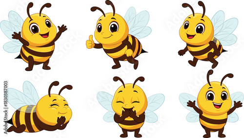 A collection of adorable cartoon bees in various poses, buzzing with charm and sweetness, isolated on white background these cheerful insects bring joy