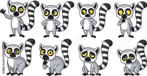 A charming collection of cartoon lemurs showcasing various expressions and poses, isolated on white background, perfect for adding a touch of whimsy to any design project