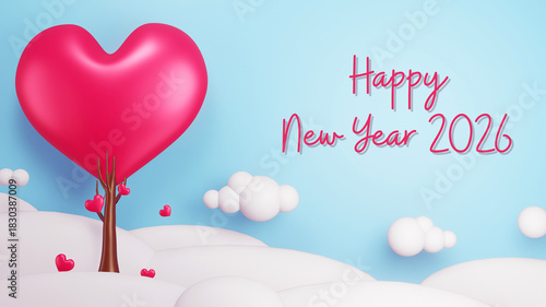 Heart-shaped tree on fluffy white clouds with bright sky and festive typography creating a romantic Happy New Year 2026 celebration illustration.