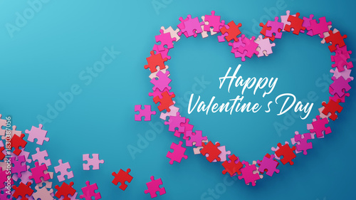 Heart-shaped arrangement of colorful jigsaw puzzle pieces on a bright blue background with Happy New Year 2026 text celebrating festive holiday spirit.