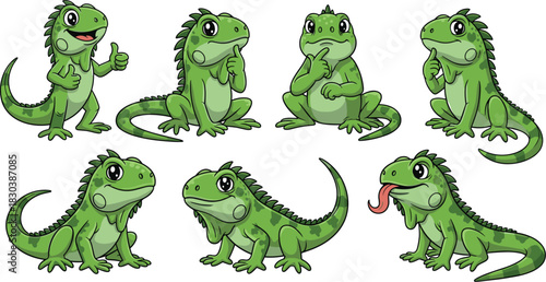 Collection of cute green iguana cartoon characters in various poses, isolated on white background vector illustration of funny reptile animal