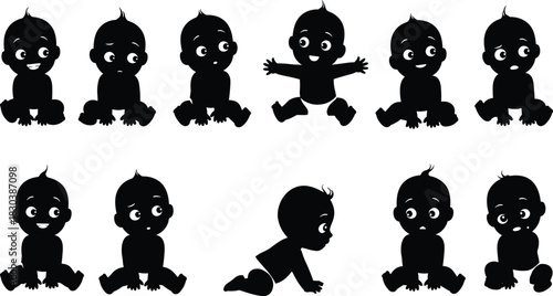 Baby silhouettes in multiple poses, infant emotions and expressions, toddler growth stages, child development, sitting, crawling, posture art, childhood illustrationBaby silhouettes in multiple 