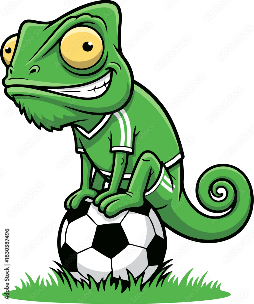 Fototapeta premium Funny Chameleon Sitting on Soccer Ball Vector Illustration