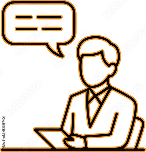 Man in suit sitting at desk with speech bubble above