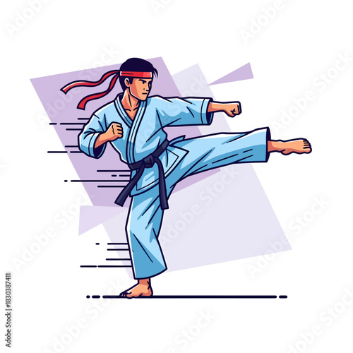 Martial arts master in action, executing a dynamic front kick in a traditional karate gi