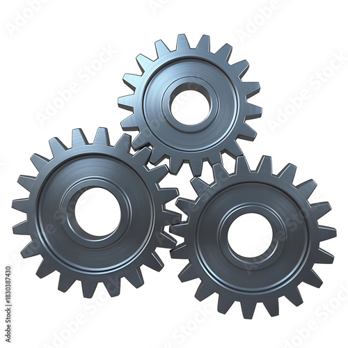 Three interlocking metallic gears arranged in a triangular formation isolated on transparent background