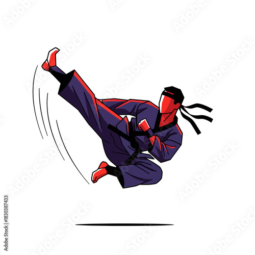 Vector illustration of a man in a karate gi with a black belt performing a powerful high kick