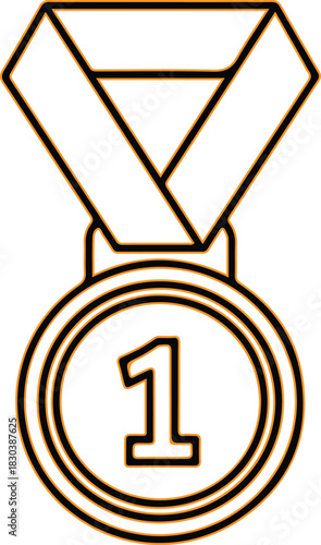 Simple outline drawing of a first place gold medal with ribbon