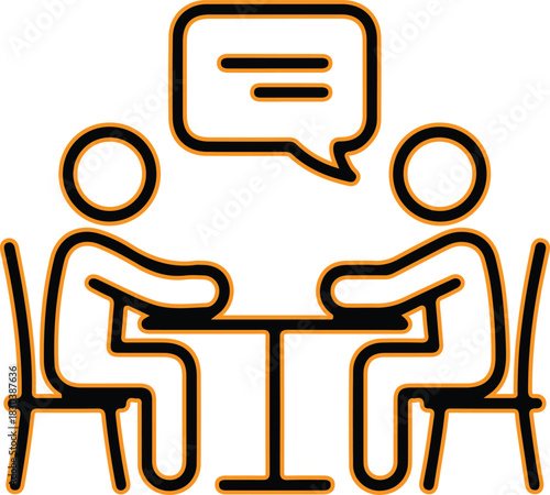 Two people talking at a table with a speech bubble