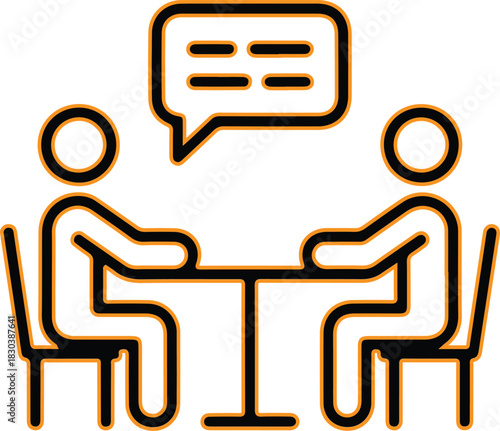 Two people sitting at a table talking with speech bubble