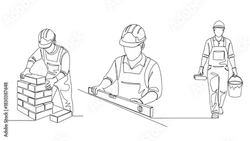 Continuous Line Art Workers Stacking Bricks, Checking Level, and Carrying Paint Tools – Minimalist Black One-Line Illustration