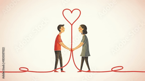 A man and a woman holding hands, connected by a red string forming a heart, symbolizing love and connection.